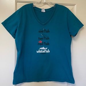 Whitefish Montana Teal Short-Sleeved V-Neck Tee by Port & Company, Size Medium